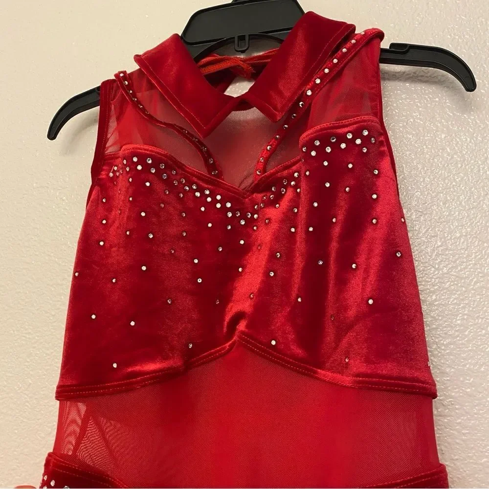 WEISSMAN solo Dance Costume red Crystal feather Leotard stoned velvet 15752 MA